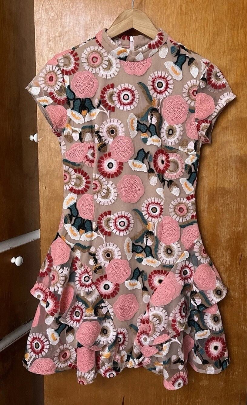 Elliatt Amalthea Dress Nude Floral Embroidered Mesh Mini Flared Skirt Mockneck M